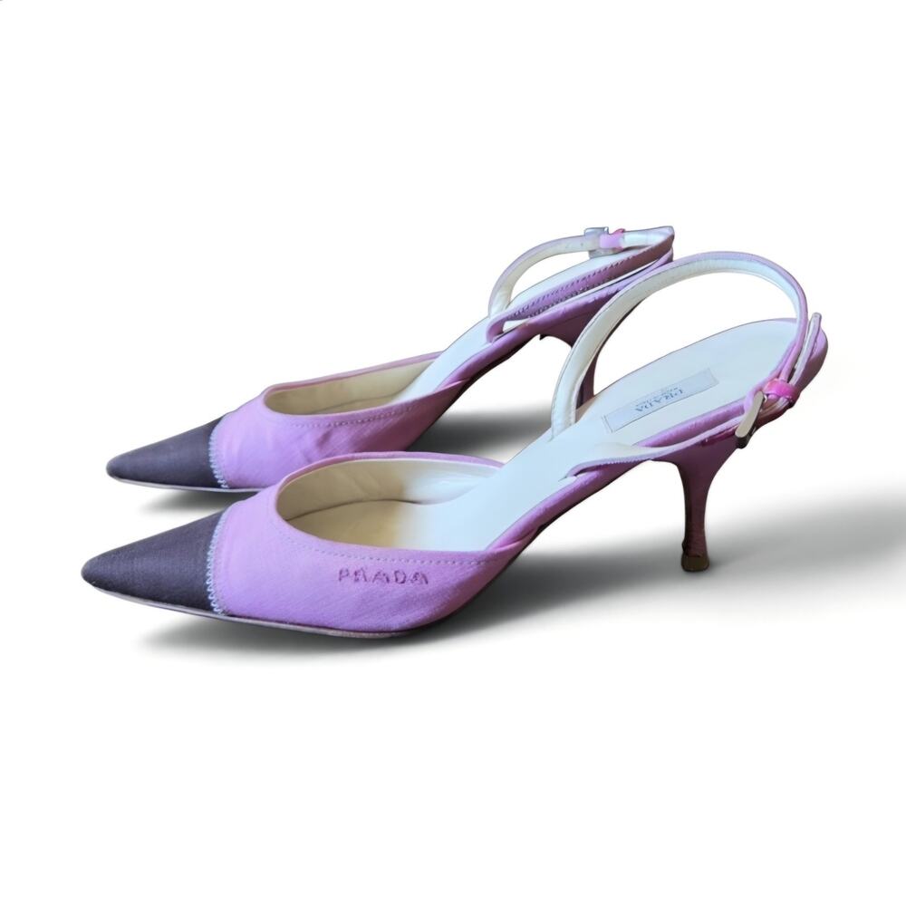 VTG Y2K Prada Pink Brown Pointed Toe Slingback Designer Kitten Heels Size 37.5